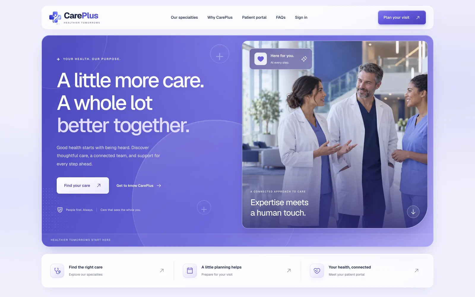 The CarePlus hospital site: a patient-facing home page with specialties, visit planning and the patient portal, above the staff and patient workspace
