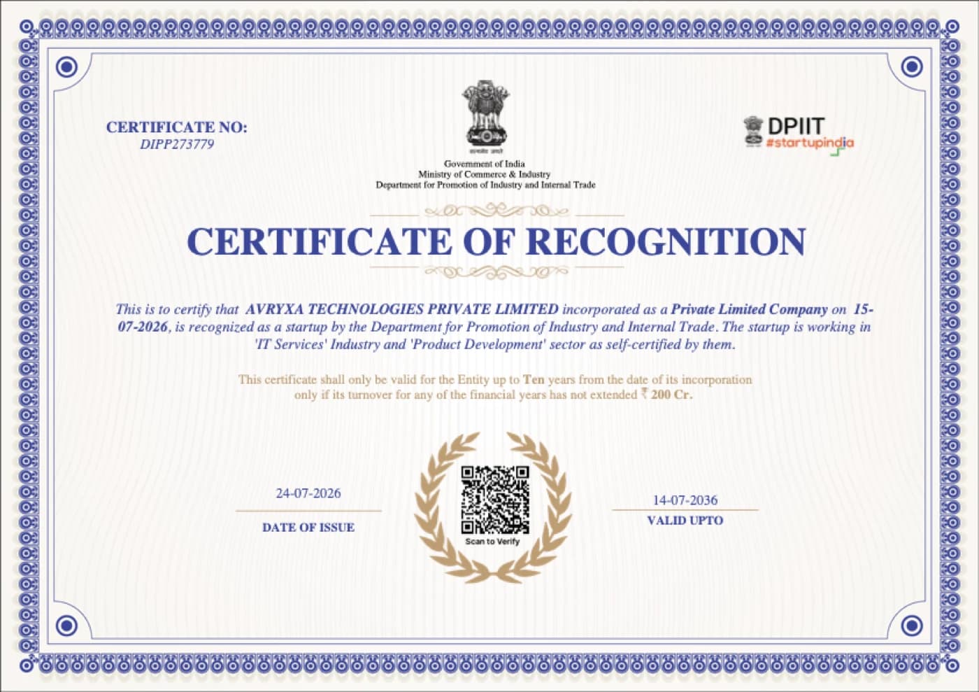 Startup India certificate of recognition issued by DPIIT to Avryxa Technologies Private Limited, number DIPP273779