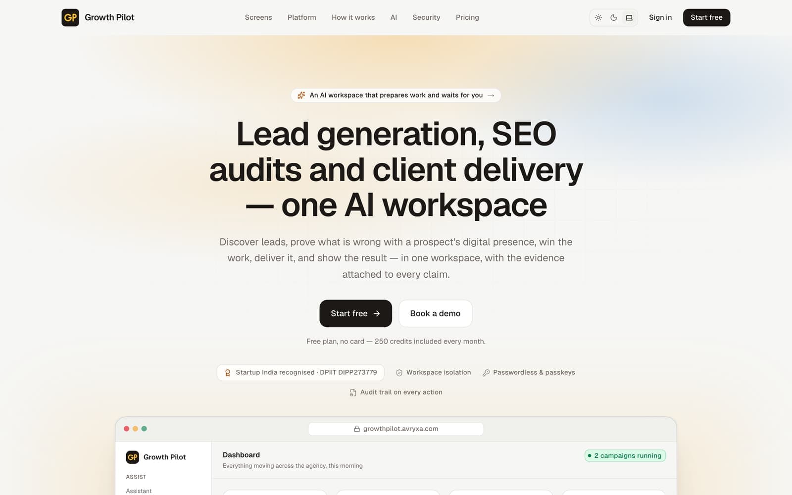 The Growth Pilot workspace: lead generation, SEO audits and client delivery in one product