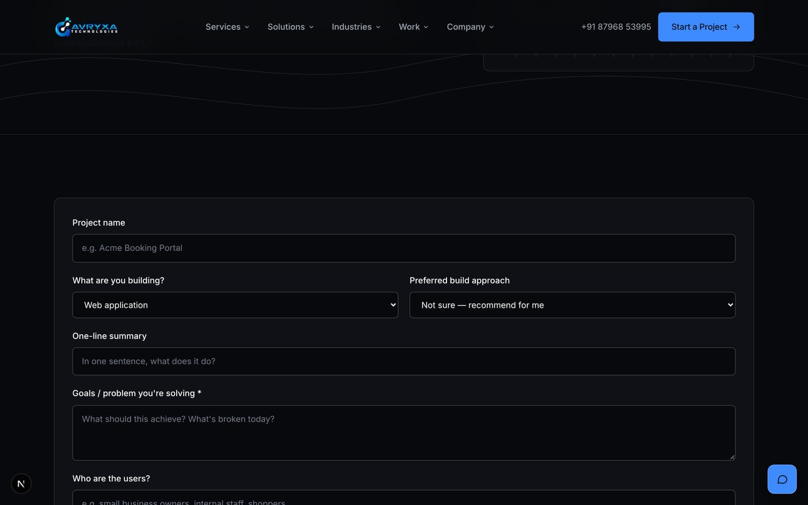 The Requirements Generator intake, capturing project name, build approach, summary and goals