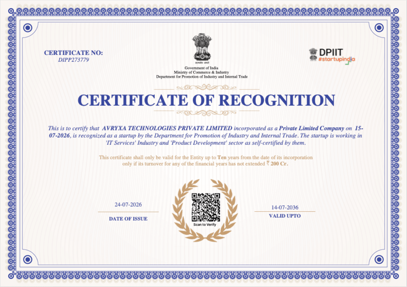 Startup India certificate of recognition for Avryxa Technologies Private Limited, DPIIT certificate number DIPP273779